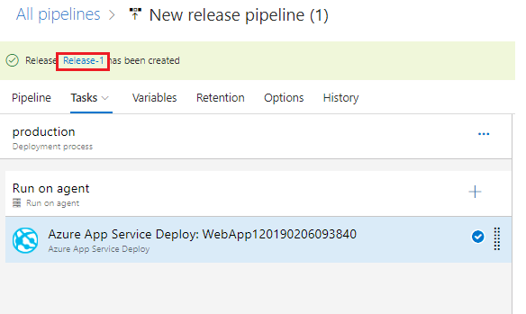 Screenshot of new release pipeline page release banner with the release-X link highlighted